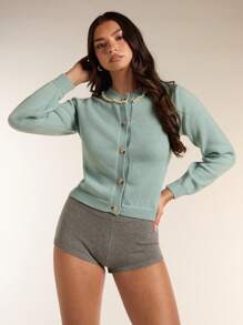 Zolique Women's Urban Style Front Button Studded Solid Color Long Sleeve Sweater Fall Cloth For Women - Grey - View 4
