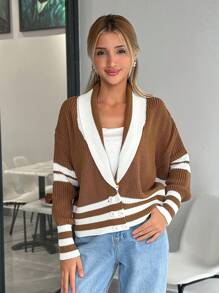 EURMUSE Woman Striped Cardigan Fall Winter Regular Fit Casual Style - Camel - View 3