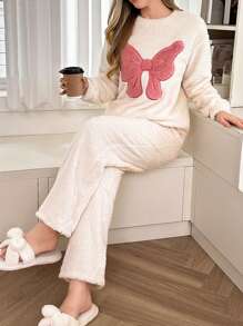 Contrast Color Bow Embroidered Trim Plush Homewear Set - Beige - View 1