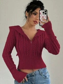 Flirla Áo khoác cardigan trơn có mũ trùm đầu có dây rút cho nữ, trang phục thường ngày thu/đông cho năm mới, áo dài tay - Đỏ - Xem 4