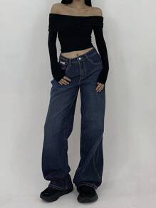 DAZY Women Front Button Closure Multi-Pocket Simple Baggy Jeans, Casual Daily Wear,Back To School Clothes - Medium Wash - View 5