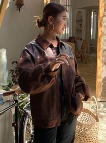 DAZY 女士纯色拼接长袖前拉链极简夹克，休闲日常穿着，秋季服装皮夹克 - 咖啡棕 - 查看 3