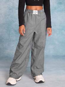 SHEIN Leap Crew Tween Girls' Loose Striped Straight Wide Leg Sports Pants - Black - View 3