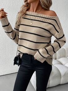 SHEIN Clasi 女士不对称领口长袖条纹毛衣、长袖上衣