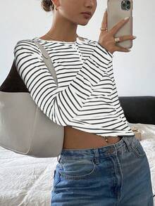 DAZY Áo thun sọc dài tay cài nút phía trước, mặc thường ngày - trắng - Xem 3