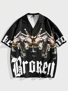 Manfinity VCAY Áo sơ mi dệt tay ngắn rộng rãi in kỹ thuật số dành cho nam phù hợp cho mùa hè - màu đen - Xem 1