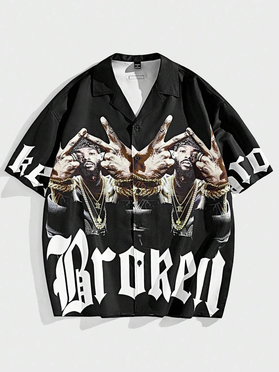 Manfinity VCAY Áo sơ mi dệt tay ngắn rộng rãi in kỹ thuật số dành cho nam phù hợp cho mùa hè - màu đen - Xem 1