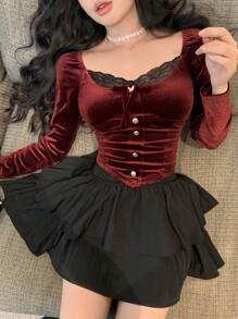 DAZY Áo thun dài tay phối ren nhung dự tiệc ngày lễ tình nhân cho nữ, trang phục trở lại trường, trang phục Giáng sinh cho nữ mùa thu - Đỏ - Xem 9