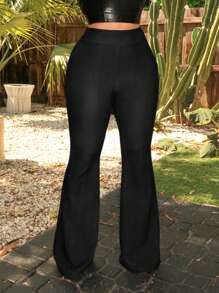 SHEIN SXY Pantalones vaqueros de pierna ancha y acampanada de efecto denim casual para mujer - Negro - Ver 3