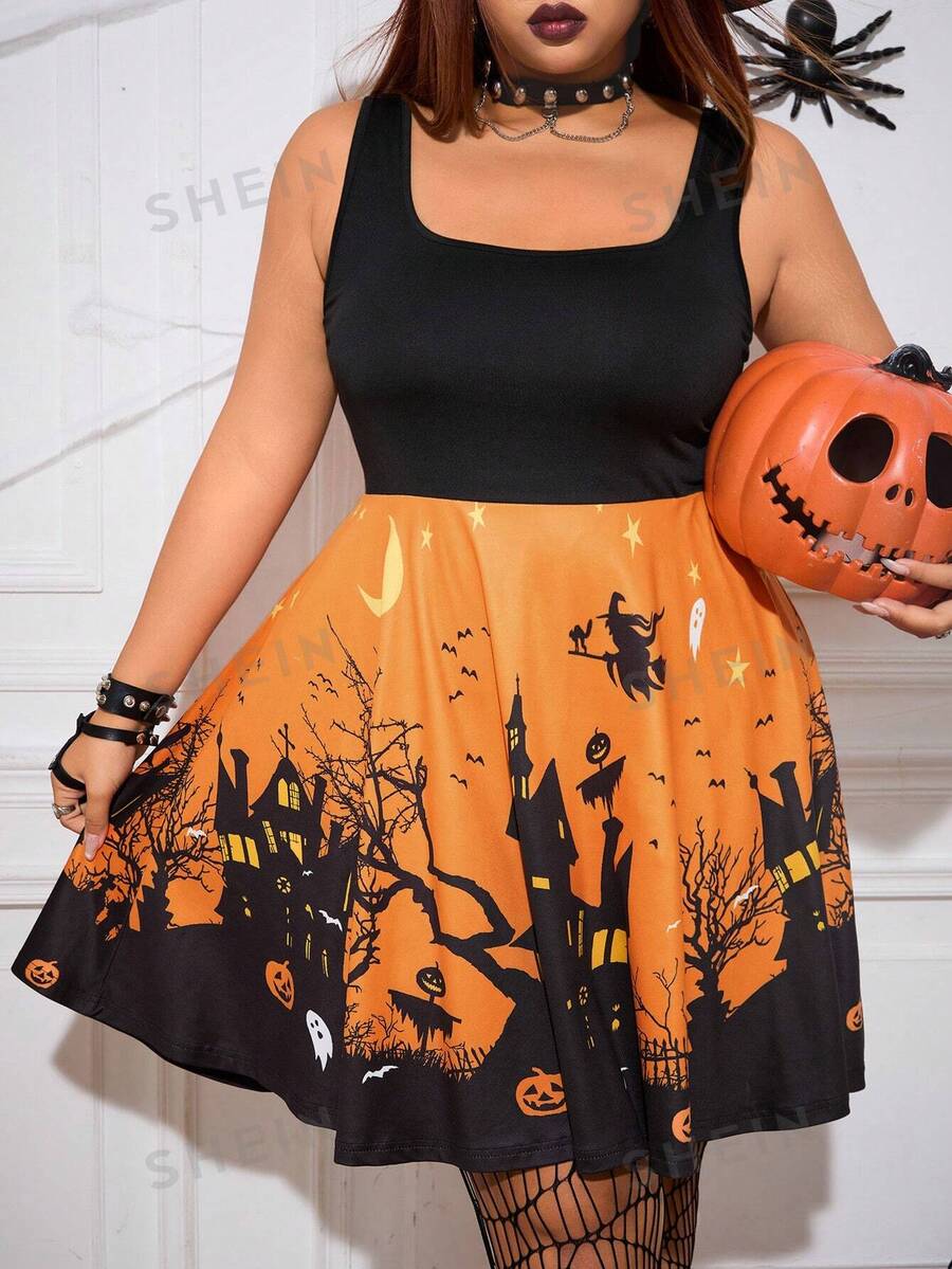 SHEIN EZwear Vestido casual sem mangas com estampa de castelo e decote