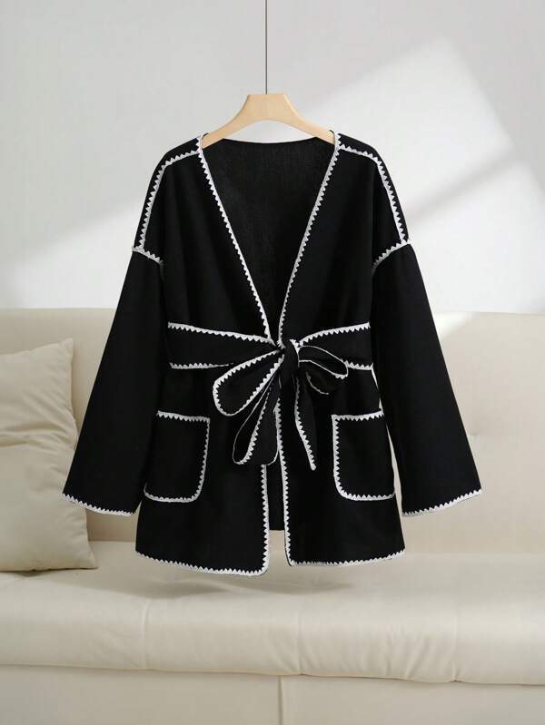 CosyJoli Women's Plus Size Black & White Contrast Color Loose Casual Fashion Jacket With Pockets And Tie, For Winter