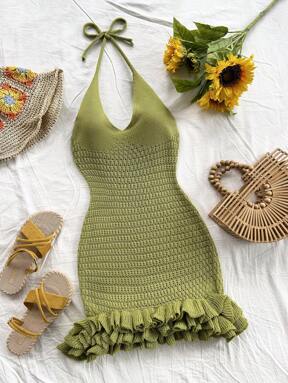 Soleia 纯色挂脖系带度假荷叶边露背针织连衣裙