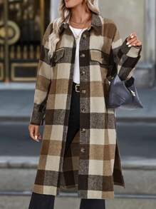 Chiquease Women's Thicken Warm Plaid Shirt Collar Patch Pocket Long Overcoat