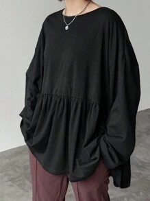 FRIFUL Women's Loose Oversized Hem T-Shirt,Ruffle,Fall Clothes - Black - View 1