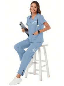 TaskEZ Women's Letter Print V-Neck Short Sleeve Pocket Top And Drawstring Waist Pants Casual Uniform Scrub Set