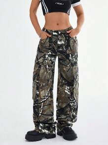 SHEIN EZwear Pantalones vaqueros casuales anchos de pierna ancha con bolsillos utilitarios de estampado total para mujeres