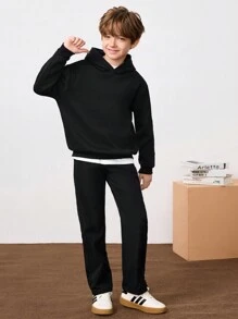 SHEIN 單色保暖運動休閒連帽衫，適合少年男童在春秋季的日常穿著 - 黑色 - 查看 2