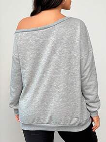 SHEIN EZwear Plus Size Open Shoulder Loose Gray Pullover Sweatshirt For Early Autumn Winter Fall - Dark Grey - View 2