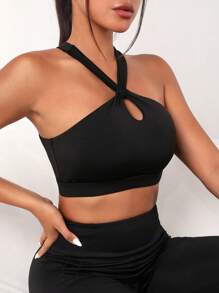 Easithlete Sujetador deportivo con tira cruzada con abertura trasera - Negro - Ver 3