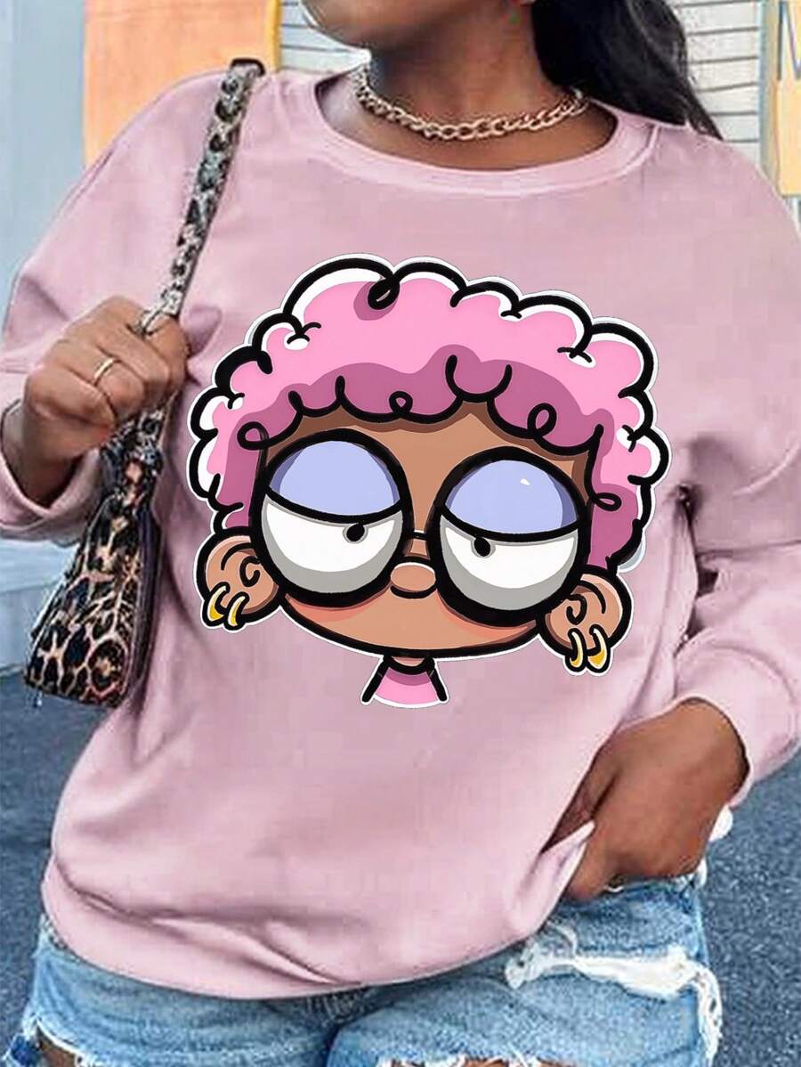 Slaydiva 休闲卡通脸印花圆领宽松厚款大码运动衫，秋冬 - 粉色 - 查看 1