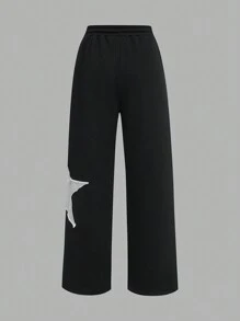SHEIN Tween Girl  Casual Knit Crew Neck Short Sleeve Top And Straight Leg Pants Set - Black and White - View 5