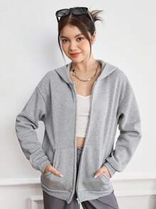 少女休闲简约纯色口袋拉链保暖连帽衫长袖连帽运动衫夹克，四季皆宜 - 灰色 - 查看 4