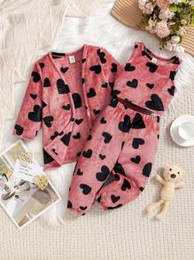 SHEIN 3 peças Conjunto de Jaqueta e Calça de Padrão de Coração Fofinho e Médio Comprimento para Bebê Menina, Outono/Inverno - Vermelho - Visão 8
