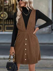 SHEIN Clasi 女式 V 领无袖前扣简约短款休闲连衣裙 - 咖啡棕 - 查看 7