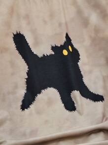 Muchica 女士圆领短袖猫咪印花简约 T 恤，休闲日常穿着 - 黑色 - 查看 3