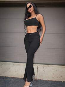 Zolique Women's Solid Color Front Button Minimalist Flare Pants, Casual Everyday Wear Fall Cloth For Women - Black - View 5