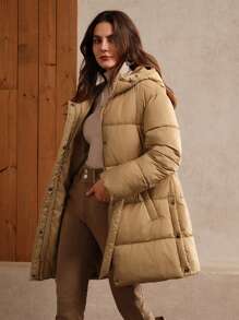 Anewsta Women's Elegant Solid Color Long Padded Coat, Fall/Winter - Khaki - View 3