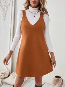 Chiquease 女士纯色休闲细肩带短裙，夏季 - 鏽棕色 - 查看 5