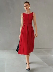 MOTF PREMIUM MIDI KLEID MIT KONTRASTPASPEL UND GEFALTETER RAFFUNG