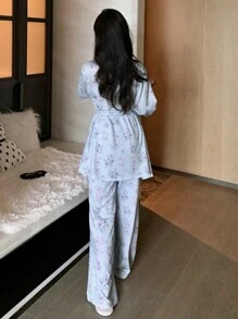 DAZY Floral Patchwork Satin Contrast Shawl Collar Belted Robe & Pants Sleepwear Loungewear Pajama Set, Fall Winter Clothes - Blue - View 2