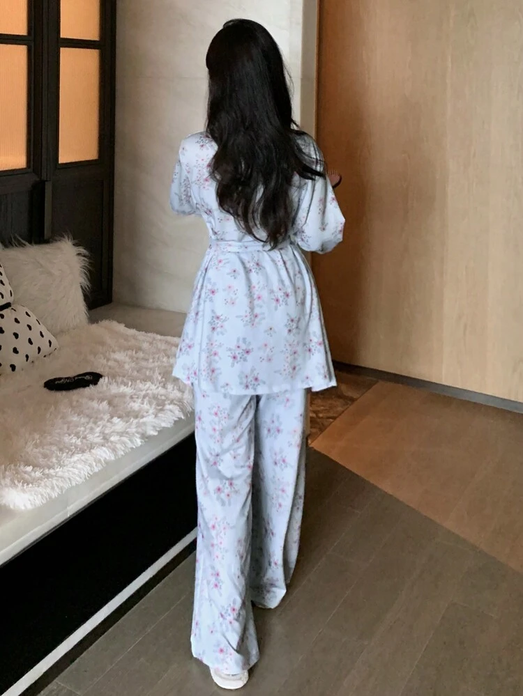 Floral Patchwork Satin Contrast Shawl Collar Belted Robe & Pants Sleepwear Loungewear Pajama Set, Fall Winter Clothes
