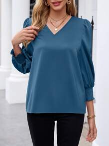 EMERY ROSE 女士纯色 V 领泡泡袖长袖优雅办公室衬衫，春夏季 - 霧霾藍 - 查看 6