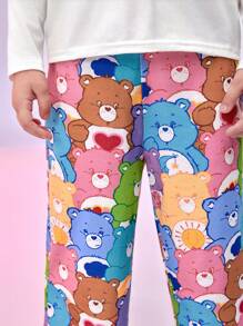 SHEIN X Care Bears Young Girl Colorful Sweet Stack Bear Print Loose Fit Flame Retardant Sleepwear Pajama Set, Including Long Sleeve Top And Pants