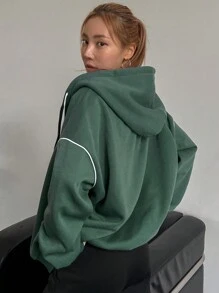 DAZY 女式宽松落肩拼色连帽运动衫，适合休闲穿着，秋冬拉链夹克 - 綠色 - 查看 5