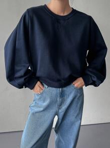 DAZY 女式纯色圆领长袖宽松休闲羊毛运动衫秋冬季 - 藏蓝色 - 查看 3