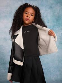 SHEIN Tween Girl 纯色领短款保暖衬里长袖夹克 - 黑與白 - 查看 3