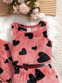 SHEIN 3 peças Conjunto de Jaqueta e Calça de Padrão de Coração Fofinho e Médio Comprimento para Bebê Menina, Outono/Inverno - Vermelho - Visão 11