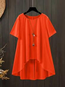 Große Größen 2-teiliges Set aus asymmetrisch geschnittenem Kurzarmoberteil in Unifarbe und Hose mit Gummibund, Freizeitset