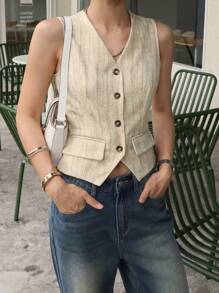 DAZY V领无袖修身碎花女式开衫，秋装女式夹克 - 杏色 - 查看 3