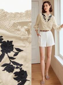 MOTF PREMIUM LINEN CONTRAST EMBROIDERY FLORAL SHIRRED FRILL MOCK NECK FLARE SLEEVE BLOUSE