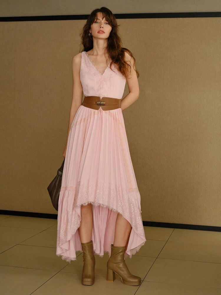 MOTF STUDIO V-NECK LACE TRIM PLEATED ASYMMETRICAL HEM LONG DRESS