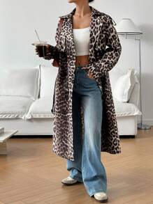 SHEIN EZwear Women's Casual Leopard Print Trench Coat, Autumn - Multicolor - View 3