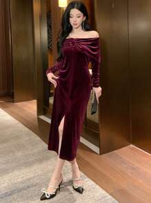 DAZY 女士露肩开衩碎花中长连衣裙，生日情人节舞会礼服，秋季长袖红色女装，新年优雅女装 - 酒紅色 - 查看 6