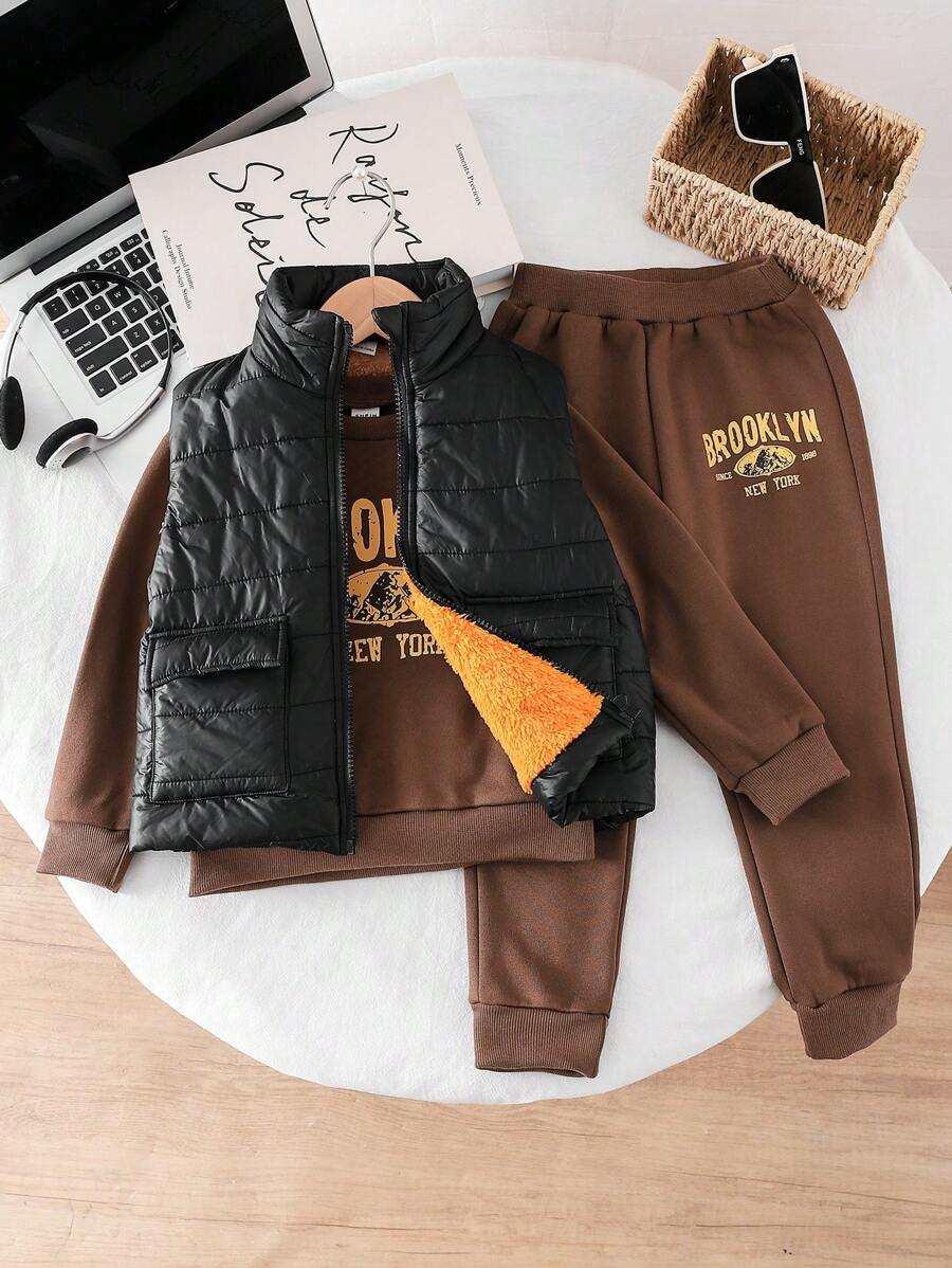 3 Pieces Young Boys Casual Loose Letter Print Long Sleeve Sweatshirt + Black Padded Vest + Pants Set,Autumn Winter - Black - View 1