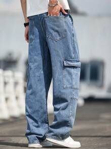 Manfinity Homme Relaxed Fit Men's Cargo Baggy Jeans With Flap Pockets - Blue - View 2