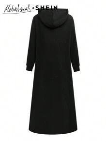 Mulvari Vestido de manga larga modesto con capucha con cordón, estampado de eslogan, para mujer, estilo casual de otoño e invierno, vestido largo tipo sudadera, otoño e invierno